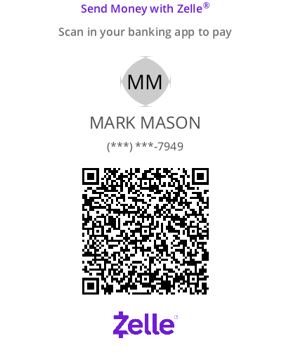 Zelle QR code for Mark Mason. Scan with your banking app to send payment.